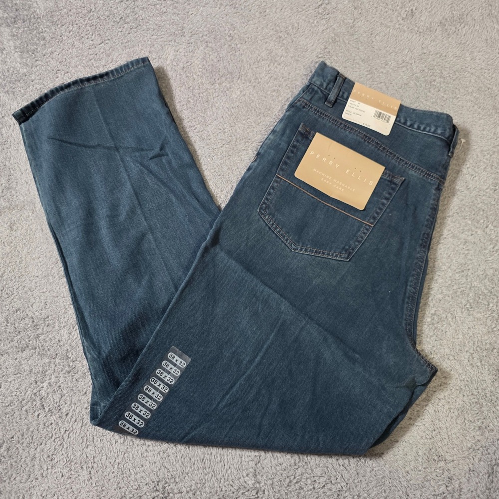 Perry Ellis Mens 38x32 Jeans Indigo Blue Tencel Blend Straight Leg MLS941M NWT
